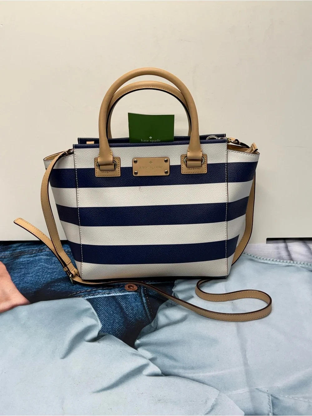 (new+card) Kate Spade Rare Leather Satchel Navy and White Striped Tan Trim